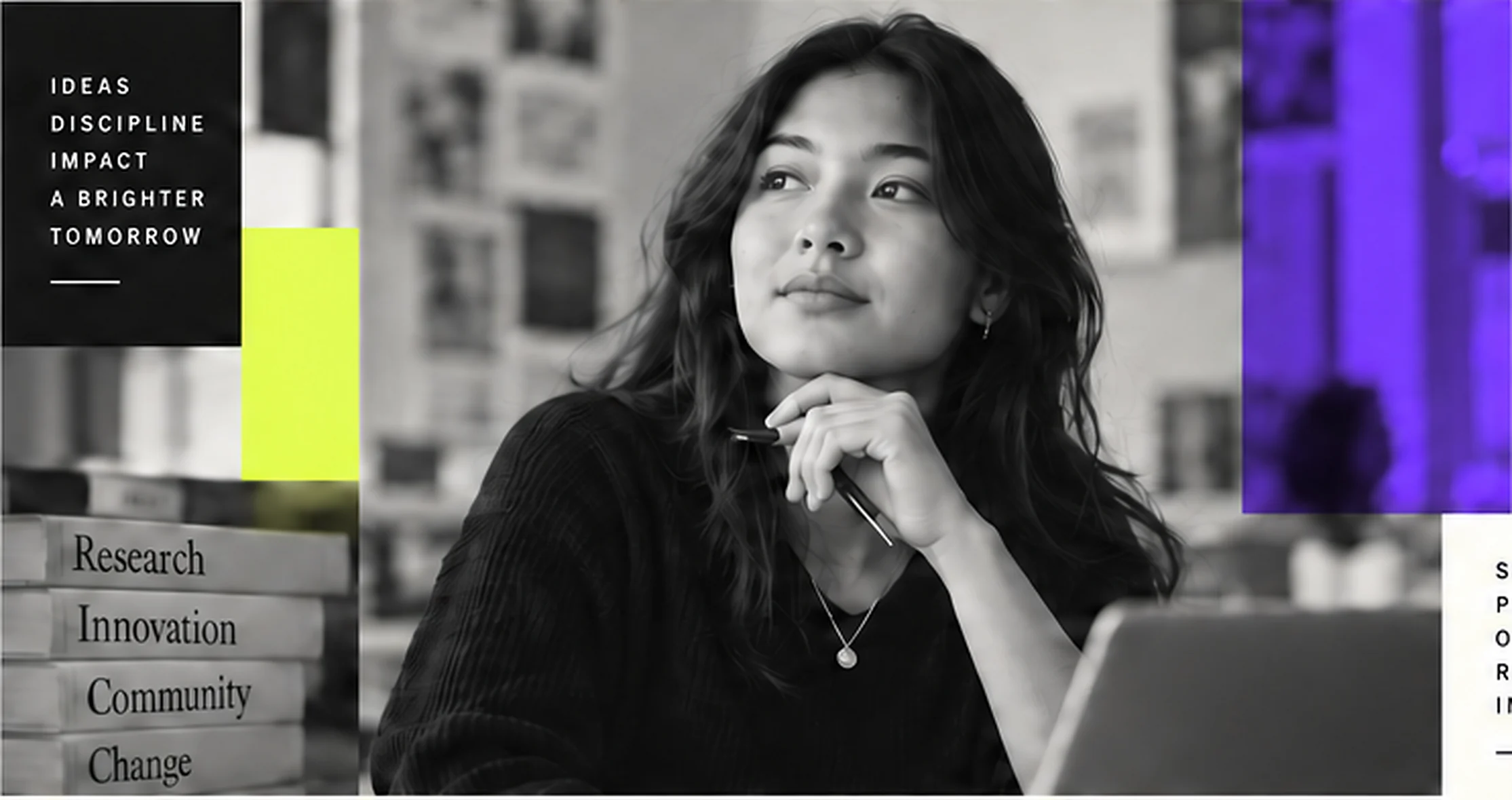 A thoughtful student at a desk with stacked books labelled Research, Innovation, Community, Change