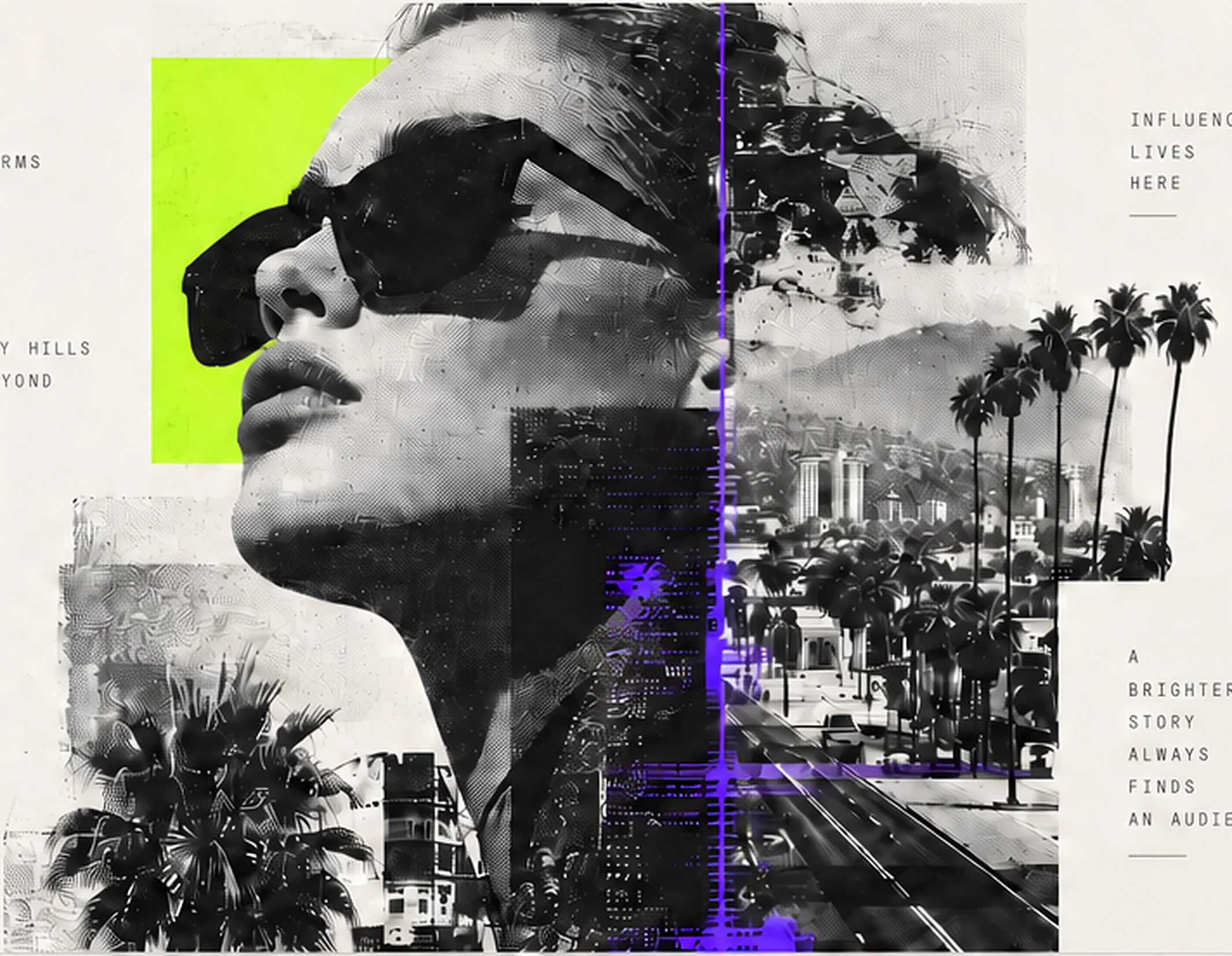 Collage of a sunglasses-wearing figure over Beverly Hills palm-lined streets